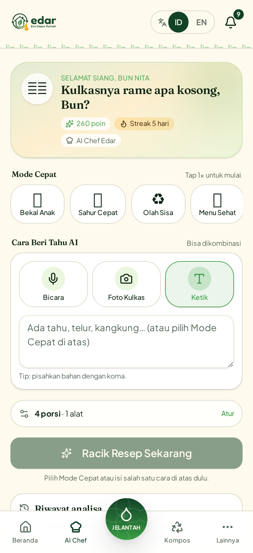 Tangkapan layar AI Chef edar — rekomendasi resep dari isi kulkas Bunda