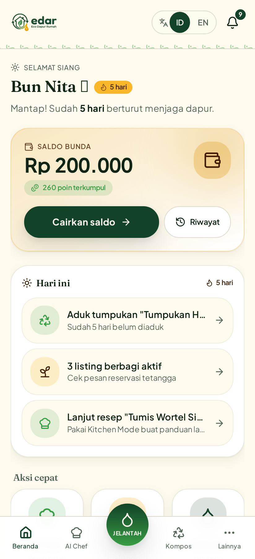 Tangkapan layar Beranda edar — saldo Bunda, streak, dan misi harian dalam satu layar