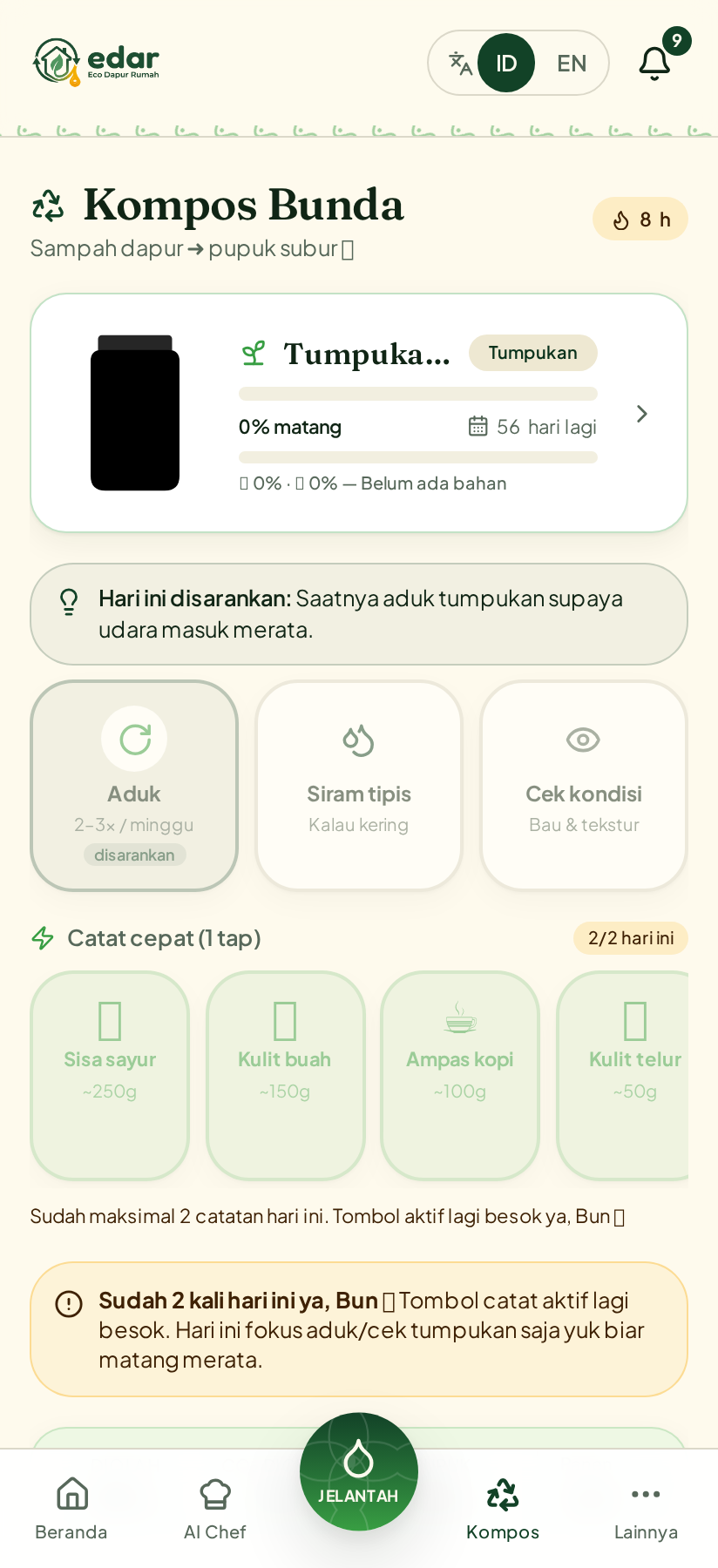 Tangkapan layar Eco Compost Hub edar — tracker kompos dapur