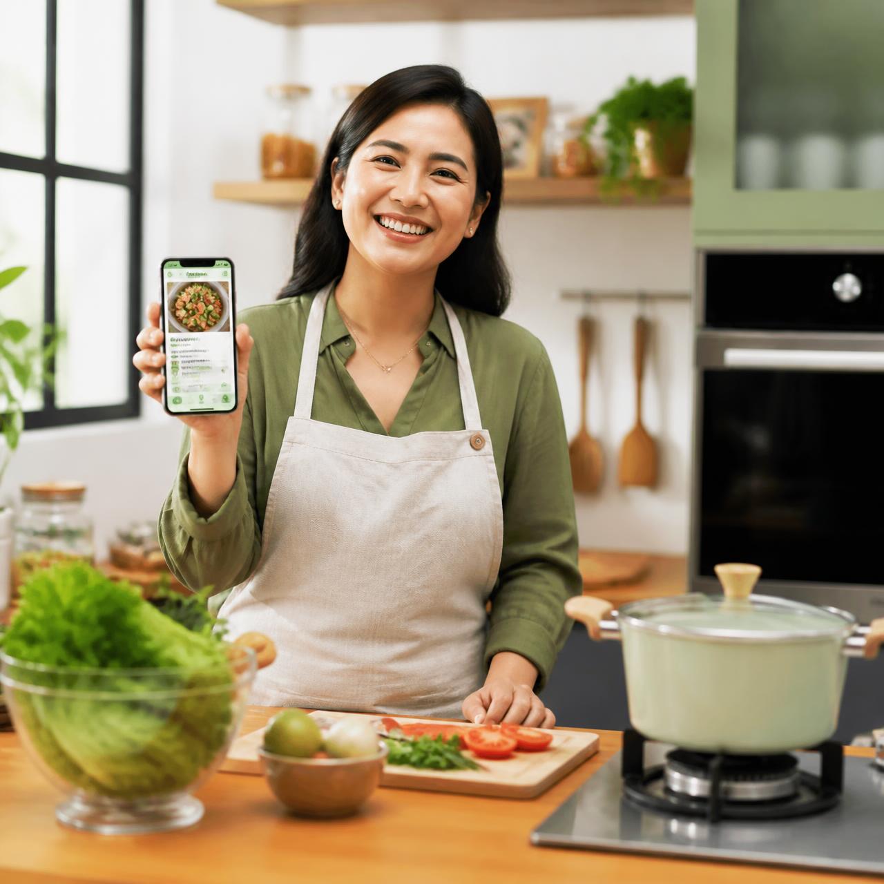 Bunda Indonesia tersenyum sambil memegang HP berisi aplikasi resep edar di dapur cerah